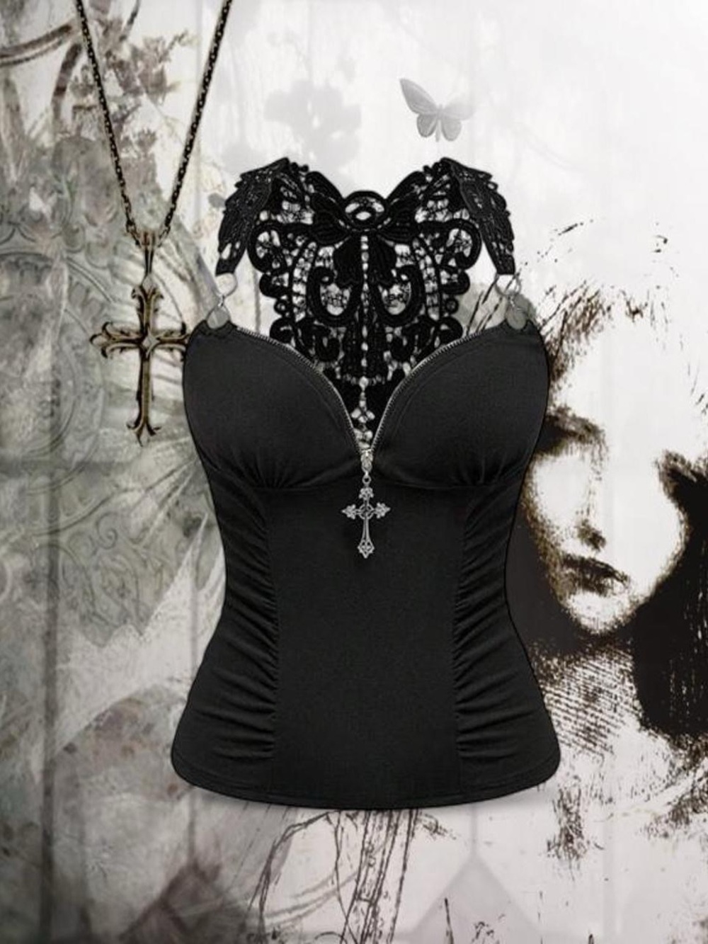 black gothic cross zip up tank top with lace back and buckle chain strap